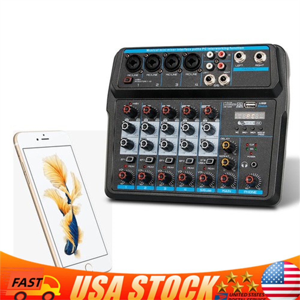 6Channel Live Audio Mixer Bluetooth USB DJ Sound Mixing Console Amplifier NEW