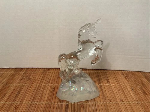 Fenton Unicorn Clear Glass Mold Figure With Iridescent Base Statue 5” Vintage