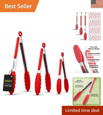 Durable Stainless Steel Tongs Set with Silicone Tips   3 Sizes for BBQ & Salads