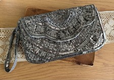Silver Gray Beaded Sequin Satin Evening Clutch Bag Strap Parties loose string