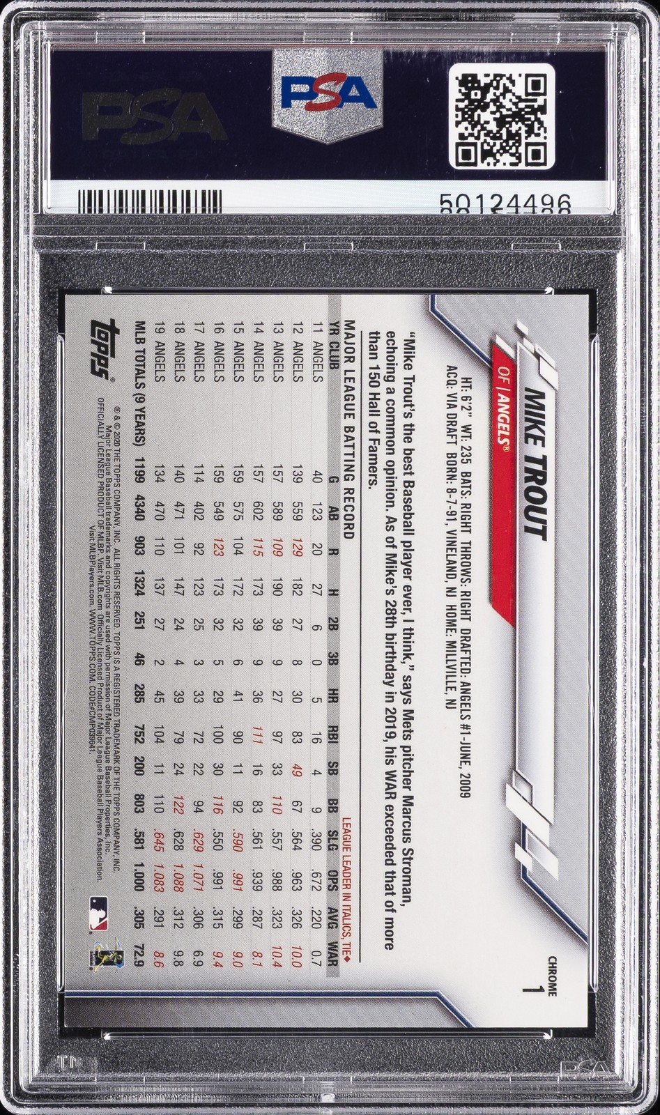2020 TOPPS CHROME SSP #1 MIKE TROUT PSA 9 view 2