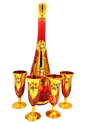 Vintage Bohemian Ruby Red Glass Wine Decanter Set 4 Glasses 24K Gold Gilt Czech
