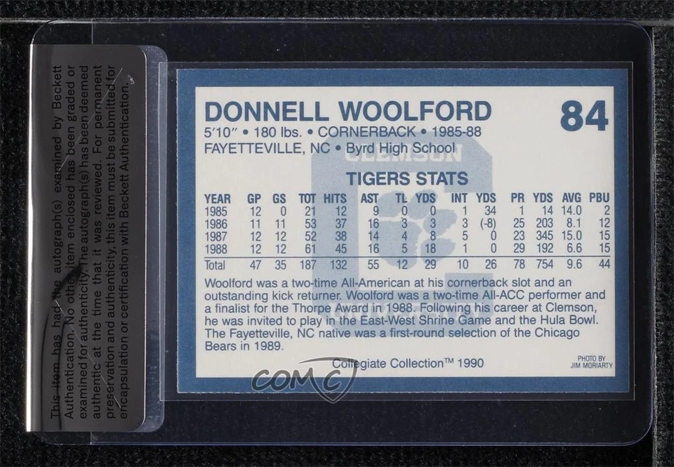 BAS 1990 Clemson Tigers Donnell Woolford #84 Seal of Authenticity Auto - Image 2 of 2