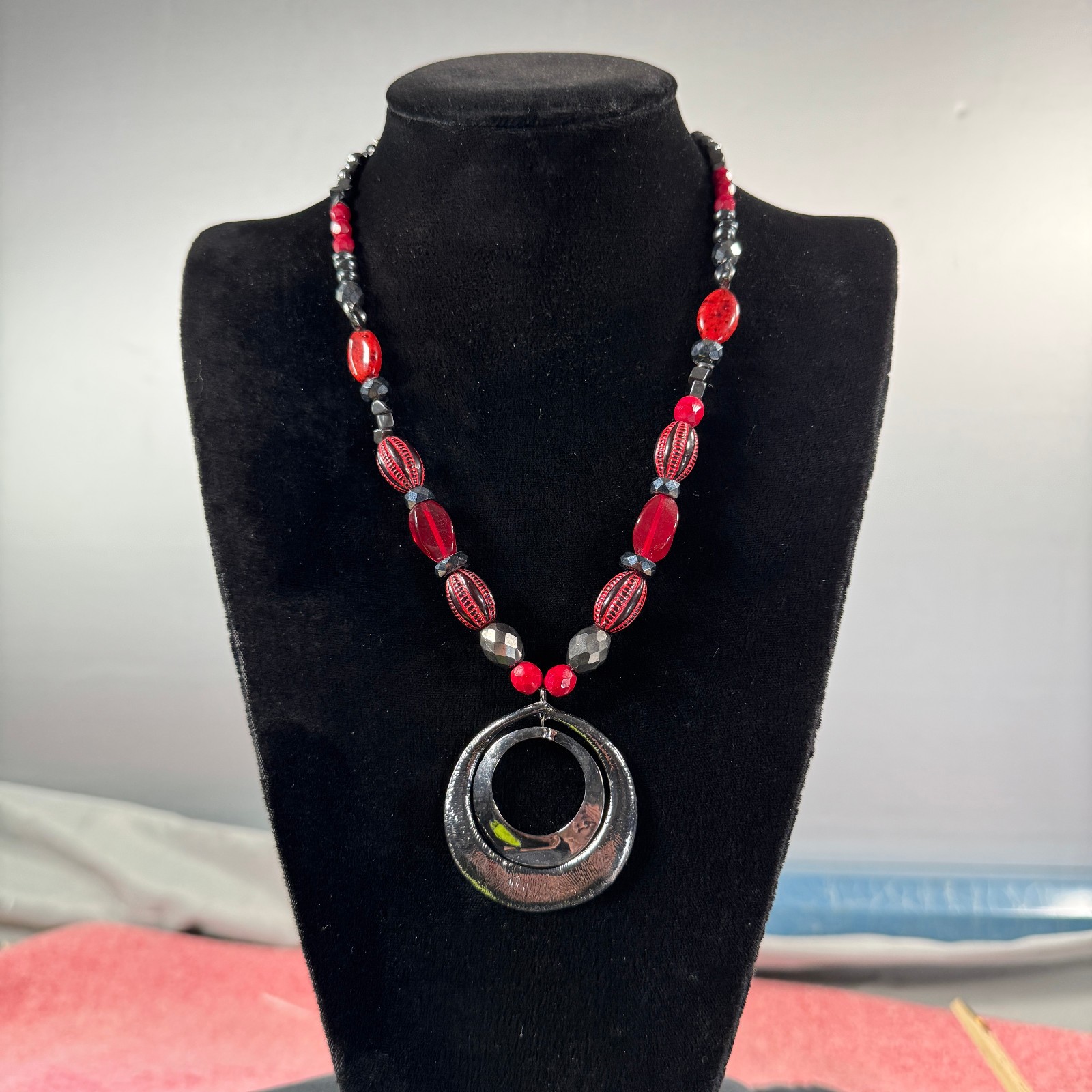 Chico’s Red Beaded Statement Necklace Double Ring Pendant Silver Tone Adjustable