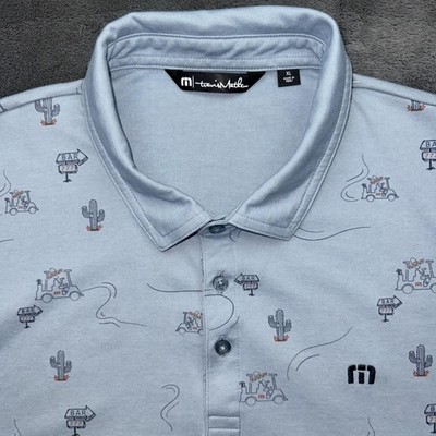 TravisMathew Polo Shirt Mens XL Light Blue Desert Golf Cart Print Performance