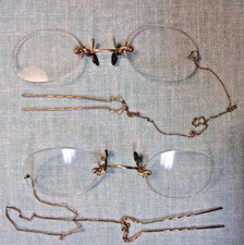 2 ANTIQUE PINCE NEZ EYEGLASSES /w HAIR PIN CHAIN 1 CASE 1 PAIR 12K G.F.