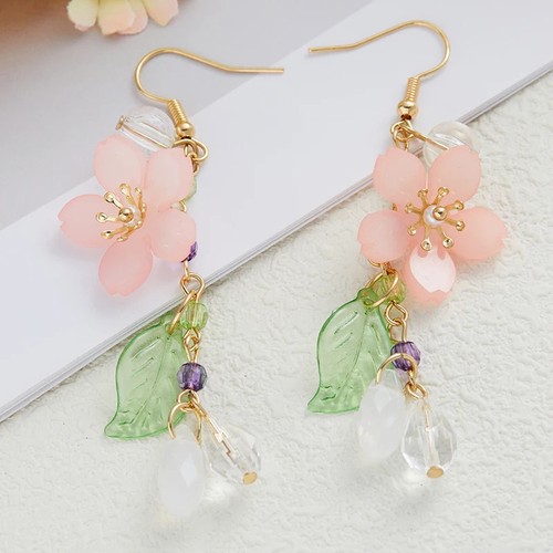 Pendientes colgantes de borla larga dulces románticos con hojas de flores rosas para mujer - Imagen 4 de 8