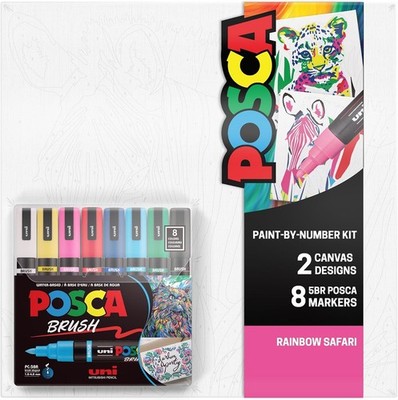 POSCA Canvas Paint by Number Kit, Rainbow Safari - 8 Acrylic Markers with 2
