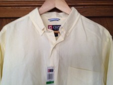 Chaps Men L 100% Cotton LS Button-down Pocket Yellow White Pinstripe Dress Shirt