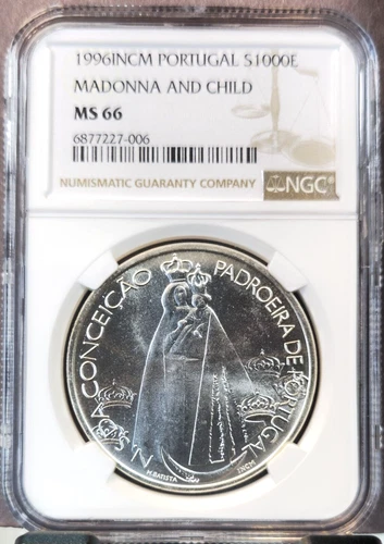 1996 PORTUGAL SILVER 1000 ESCUDOS MADONNA & CHILD NGC MS 66 RARE TOP POP