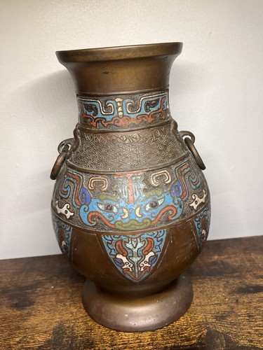 Antique Chinese Champleve Bronze Enamel Vase Enamel Dragon SIGNED Drilled Lamp