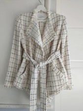New Iro Cotton Black White Tweed Boucle Fringe Belted Blazer Jacket Padded Fr34