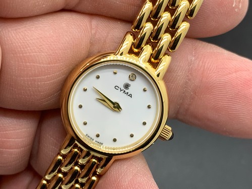 Swiss Made Cyma Mini White Dial Gold Tone Sapphire Crystal Women's Quartz Watch - Picture 3 of 16