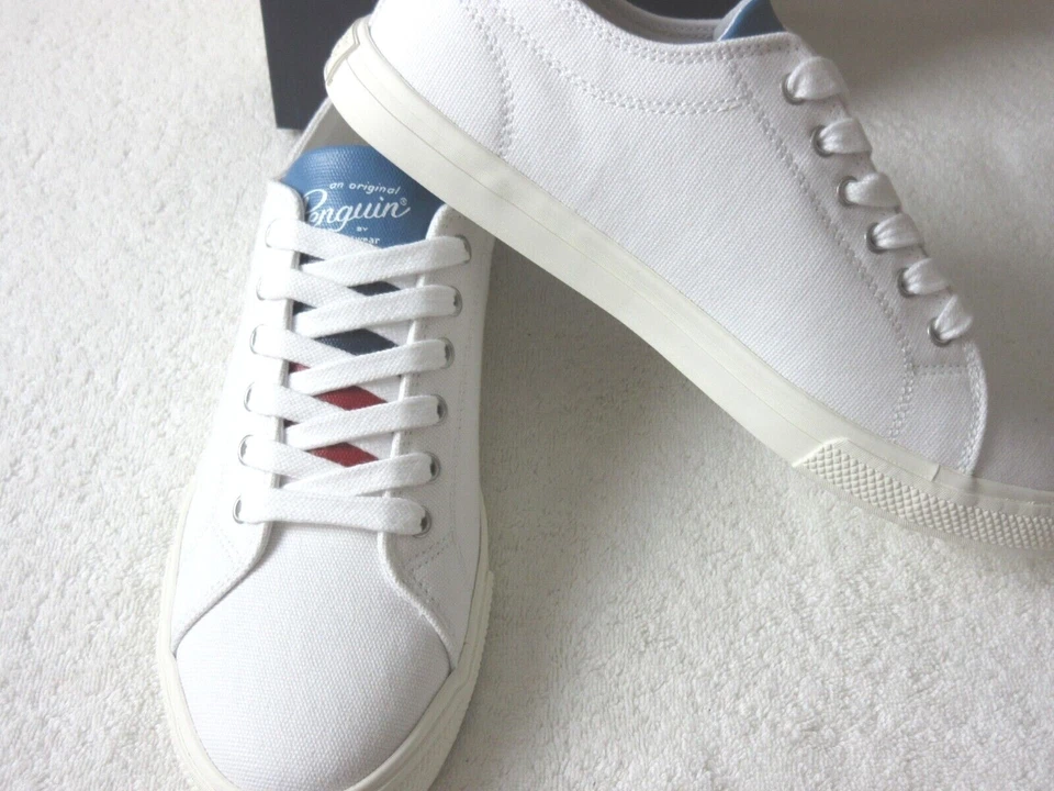 Zapatos Originales Penguin Para Hombre Sam Rayas Clásicos Con Cordones Lona Blanco Azul Nuevos en Caja Foto 4 de 4