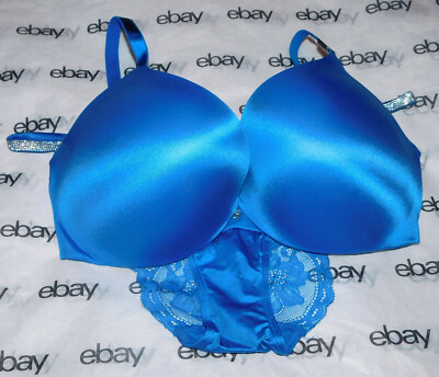 NEW Victoria's Secret So Obsessed Push-Up Bra Blue 36DD & Shine Cheeky Set Large