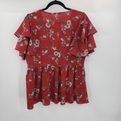 Cotton Bleu Boutique Red Floral Print Blouse Womens Large Short Sleeve Pleated - Picture 3 of 12