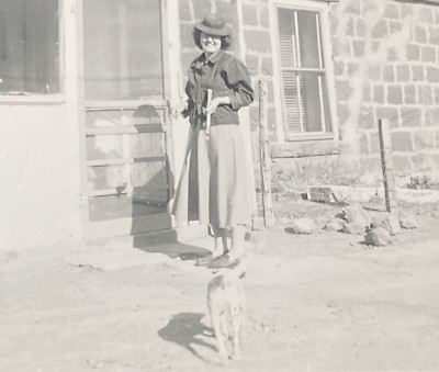 1930s Happy Woman Smiling Dog Puppy Pet Home Dirt Road Original Old Photo P14p11