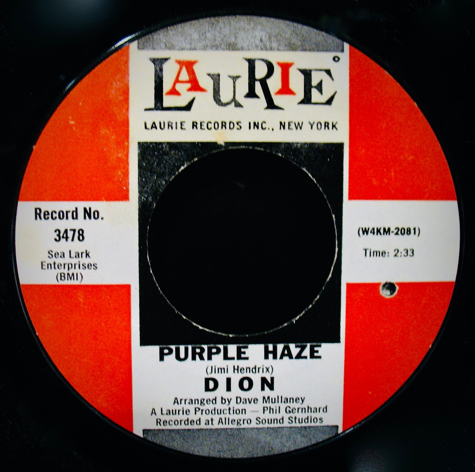 DION ✦ Purple Haze+The Dolphins~Near Mint 45~LAURIE #3478~Jimi Hendrix~Belmonts