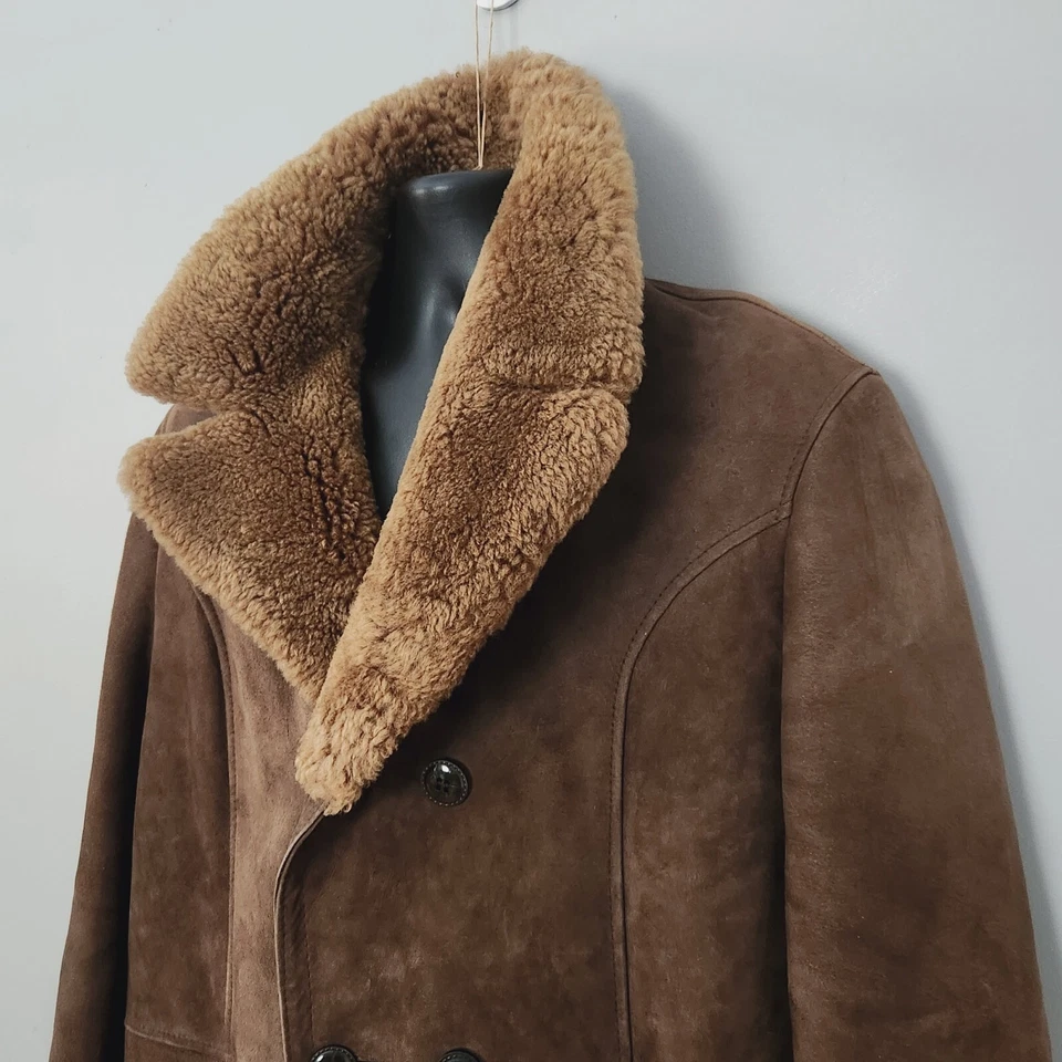 Vtg Men's Shearling Double Breasted Coat Lapel Collar Back Belt Dark Brown - Image 2 of 4