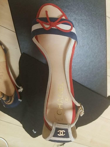 Sandali con tacco a righe fiocco CHANEL CC originali taglia 361/2 mai usati F/S - Foto 3 di 10