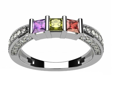 10K/14K Gold or Silver Princess Cut Mother's Ring w/ CZ Sides, 1 6 Birthstones