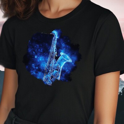 Frauen T-Shirt Blaues Saxophon Motiv Baumwolle Größe S bis 3XL