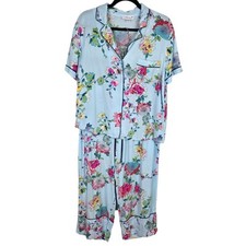 In Bloom by Jonquil Blue Pink FLORAL 2 Pc Pajama Set L Button Up Pants Colorful