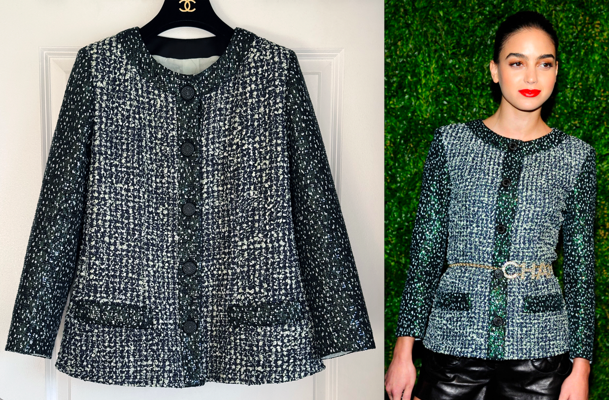 CHANEL 19P BLACK WHITE NAVY GREEN IRIDESCENT CC BUTTONS SEQUINED