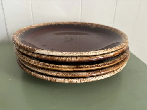 Lot 5 VTG Hull Brown Drip Glaze Dinner Plates 10.5” Round USA Ovenproof