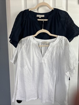 Lot of 2 Women's Loft Mixed Media Flutter Tops  XL White and Navy EUC