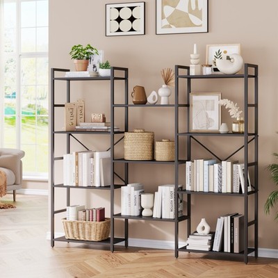 Triple Wide 4-Tier Industrial Bookcase Large Metal & Wood Bookshelves for Office