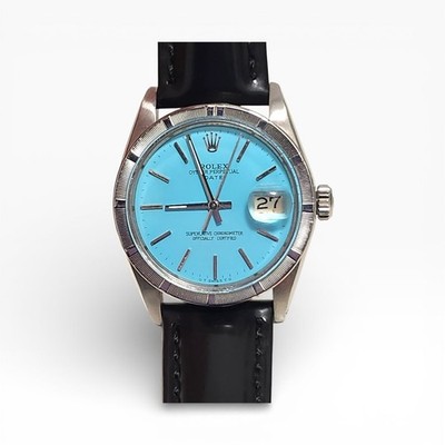 Rolex Date 34 mm Blue Turquoise Steel Leather Automatic Watch 1500 Circa 1965
