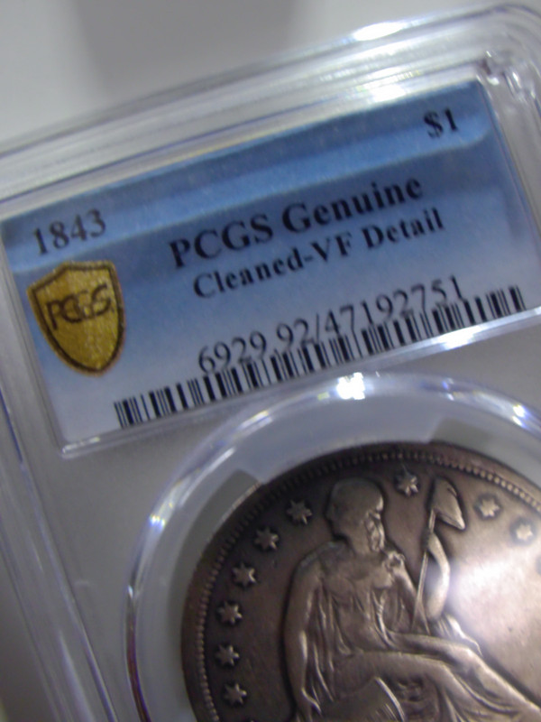 1843 seated liberty dollar, pcgs VF details cleaned...