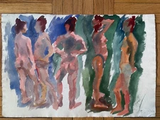 Contemporary Watercolor Painting Group Multipose Peter Feldman 14x22 1982