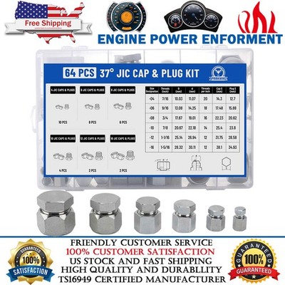 64 Pcs JIC 37° Flare Thread Cap & Plug Assortment Kit Seal Adapter Set Hydraulic