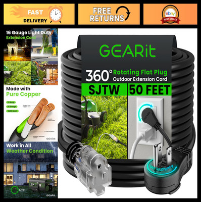 50ft Heavy Duty Extension Cord 16/3 Gauge, 360° Rotating Plug, Indoor/Outdoor Po
