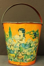 Nursery Rhyme Sand Pail Western Germany 6 7/16" tall 7 Dwarfs Big Bad Wolf Dra4