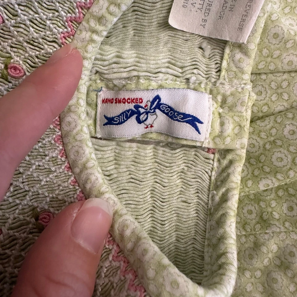 Vintage Silly Goose Hand Smocked Dress Light Sage Green Size 4 - Image 2 of 4