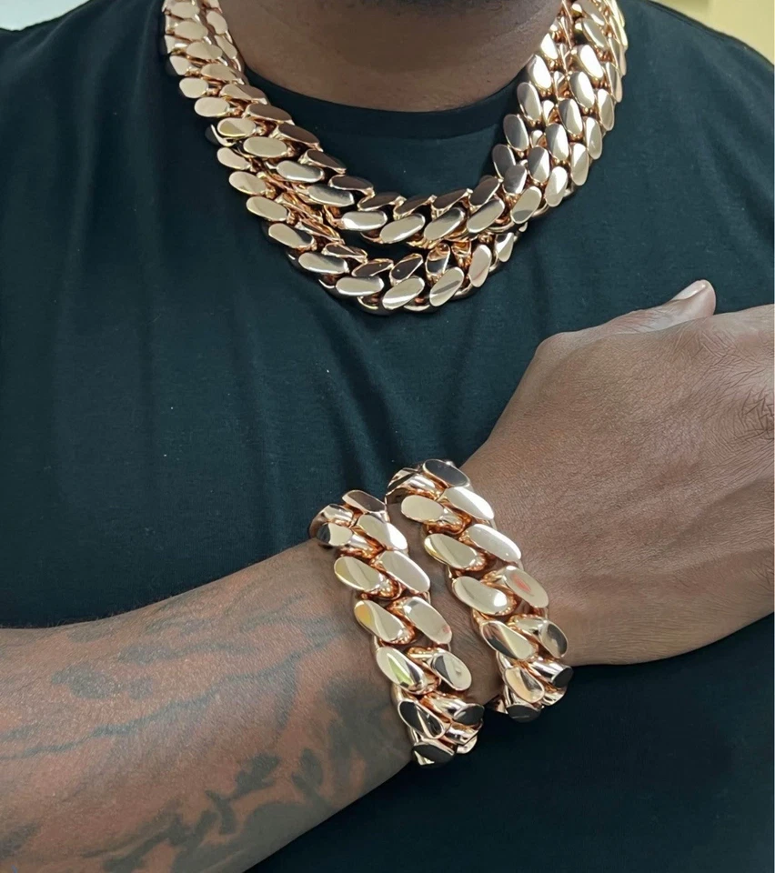 Bracelet & Chain Set Miami Pink Rose Gold Cuban Link Gold Plated Set 20mm |1 set - Image 4 of 4