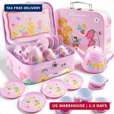 JOYIN Fairy Blossom Tea Party Set for Little Girls, Pretend Pink Tin Teapot Set,