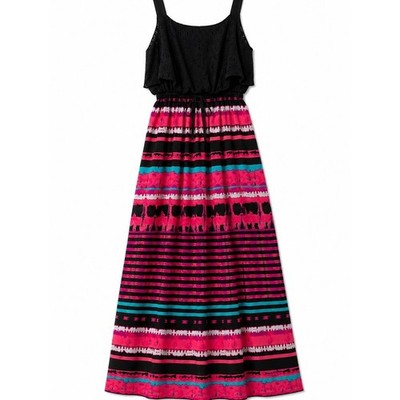 Allison Brittney Black Bodice Maxi Dress with Pink and Teal Stripes