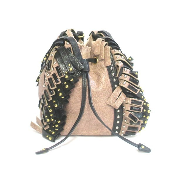 PRADA Fringe Bijou Studs Leather Drawstring Handbag Cracked Finish   Used AB thumbnail 3