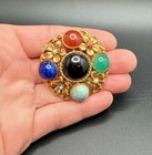 Vintage Colorful Polished Glass Stone Cabochons Domed Brooch Floral Gold Tone — photo 5