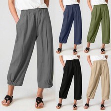 Womens Cotton Linen Cropped Harem Pants High Waist Wide Leg Trousers Bottoms US