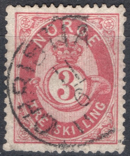 1102 Norway 1872-75, NK 18, Shilling Posthorn, canc. MI 18, SC #18.