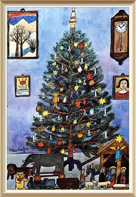Vintage 1975 Max Raffler Kunstdruck Kinder Weihnachten Zeichnung Naive Volkskunst