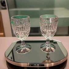 Set of 2 Crystal Cut Glass Footed Cordial Glasses, Clear Glass, 3 1/2" Tall, GUC