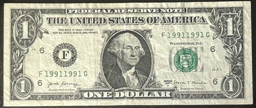 (MATCHING PAIR!) $1 Rare Binary Radar Repeater Pair Fancy Serial Number 19911991 - Picture 6 of 7