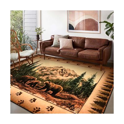 FRAMICS Rustic Cabin Area Rug 5x7, Farmhouse Lodge Bear Moose Deer Rug Washab...