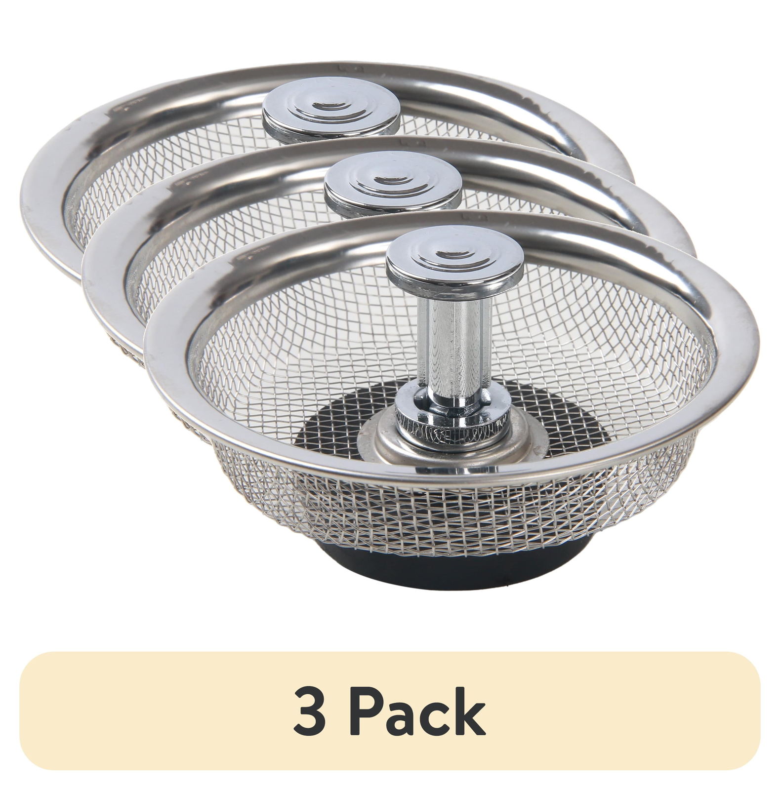 (3 pack) Mainstays Stainless Steel Mesh Sink Strainer with Rubber Stopper Silver